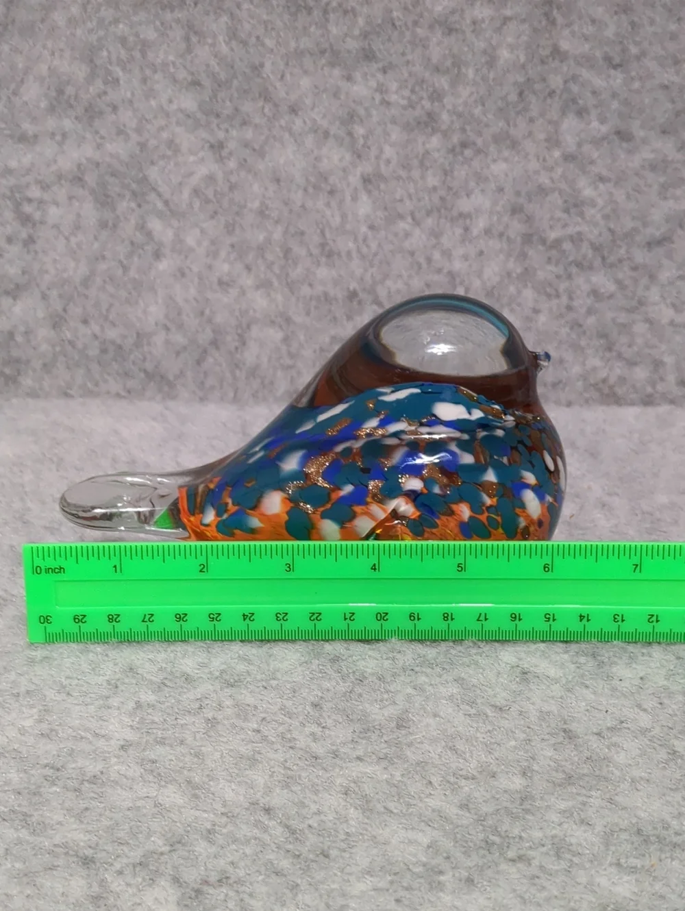 Art Glass Bird Clear, Orange Blue Paperweight